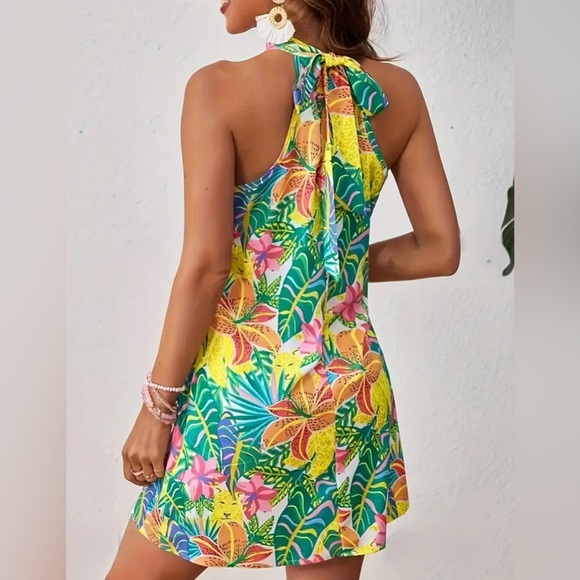 Boho Floral Print Halter Neck Dress, Vacation Sleeveless Mini Dress - Picture 2 of 3